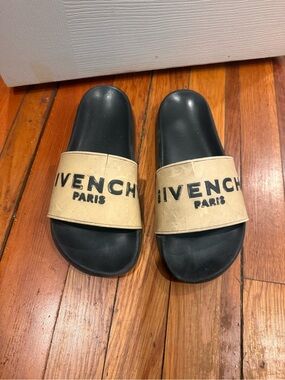 Givenchy Beige and Black Logo Slide Sandals